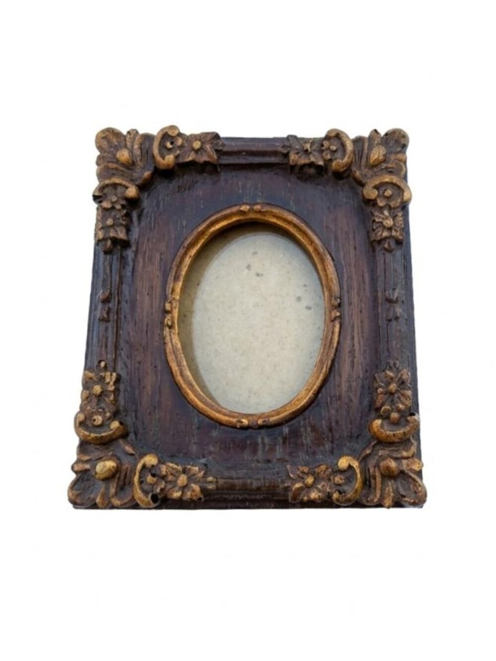 Vintage Ornate Mini Oval Frame Dark Wood Imitation & Gold 2"X3"
